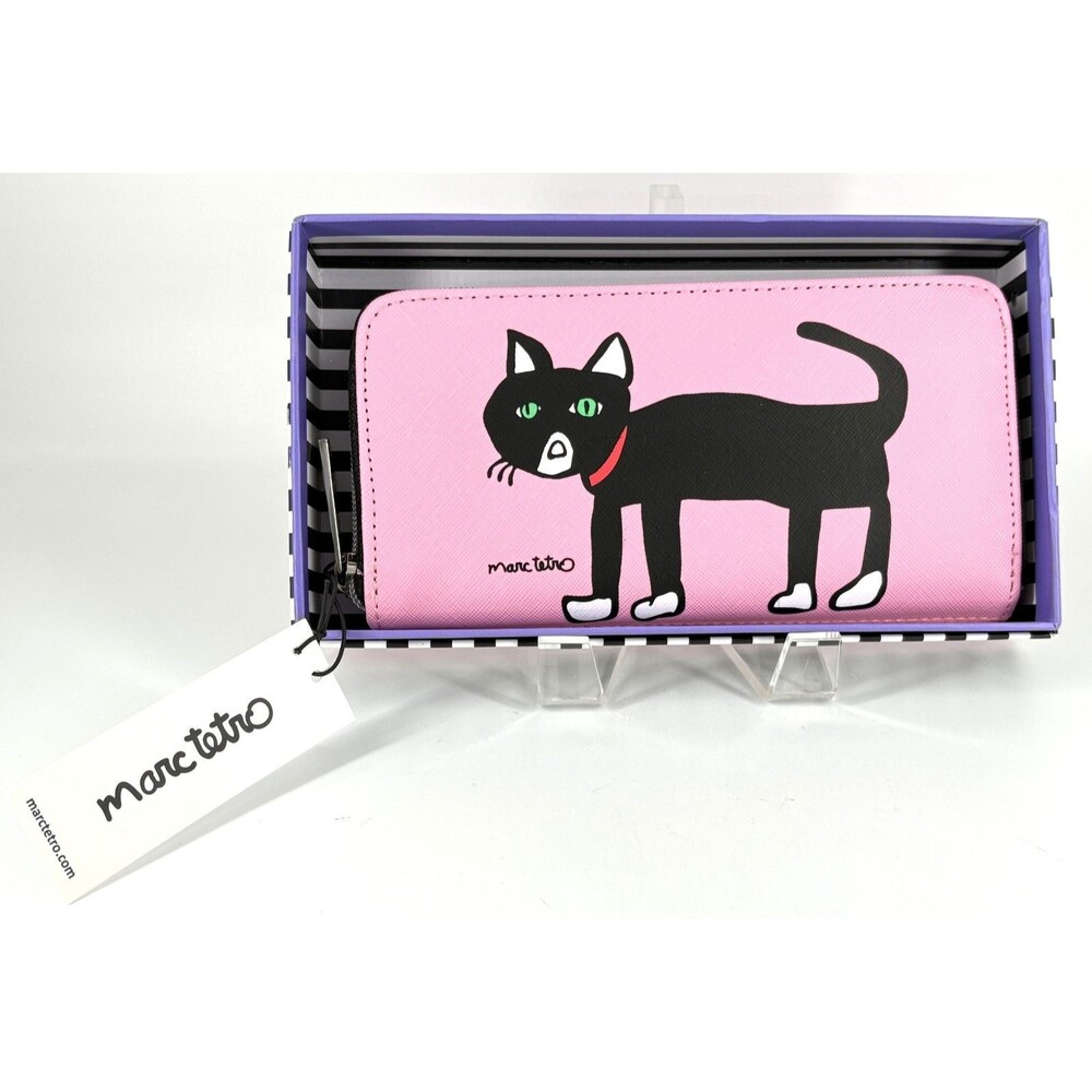 NWT Marc Tetro 8” Pink With Black Cat Zip Faux Leather Wallet w/Box